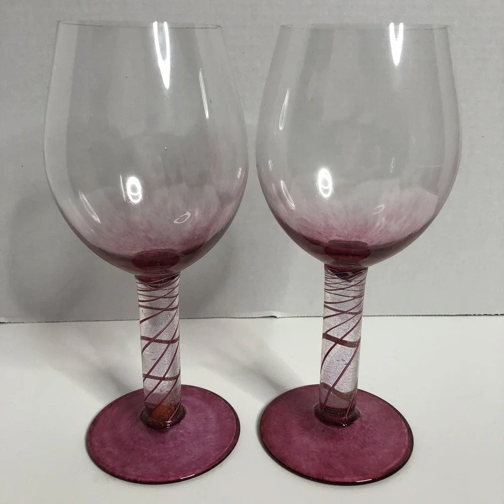 Glass Eye Studio Wine Glasses Goblets Pink Glitter Swirl Design Seattle Set of 2